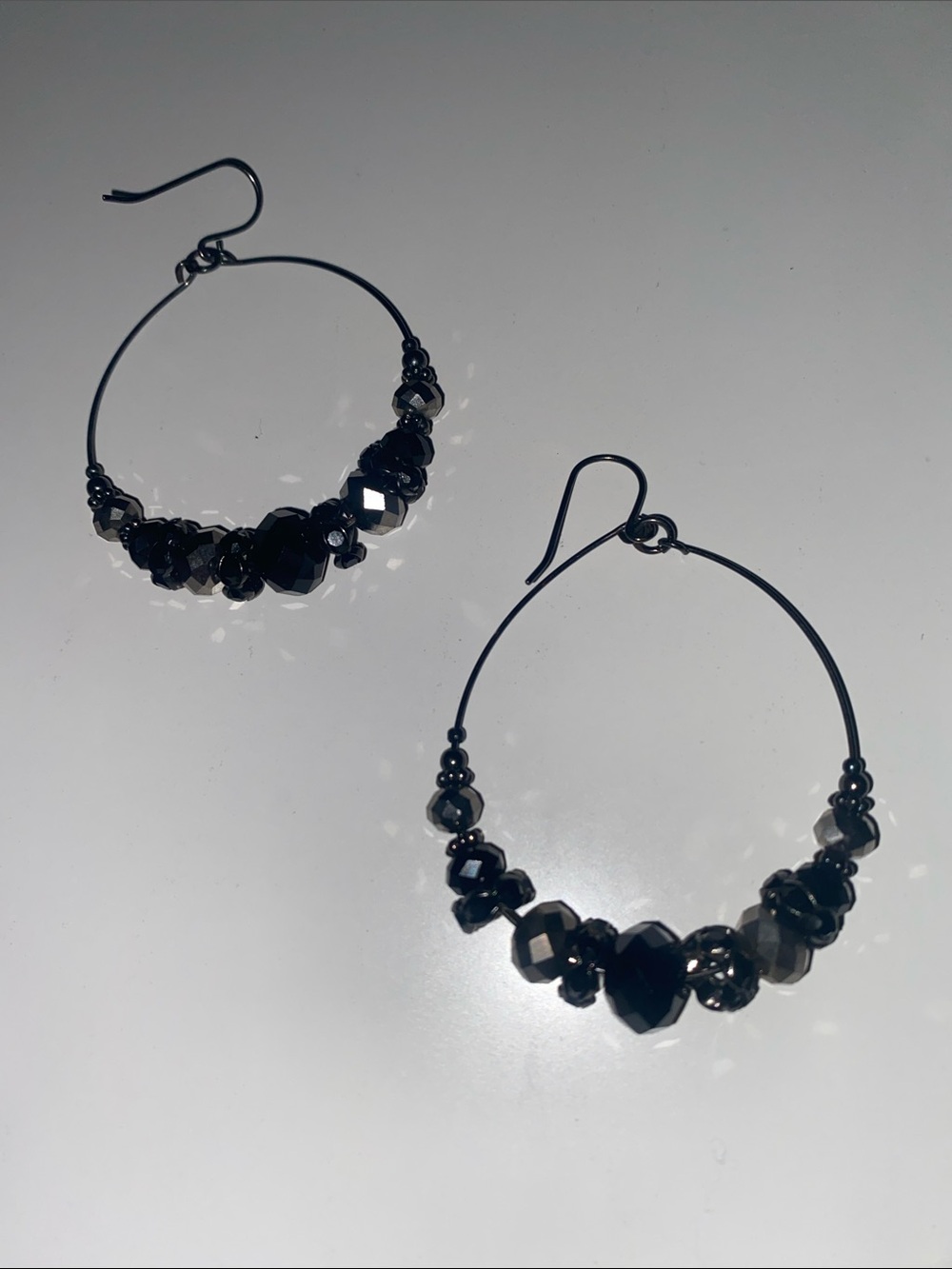 Gunmetal Black Beaded Hoop Earrings Goth Victorian Bohemian Dangle